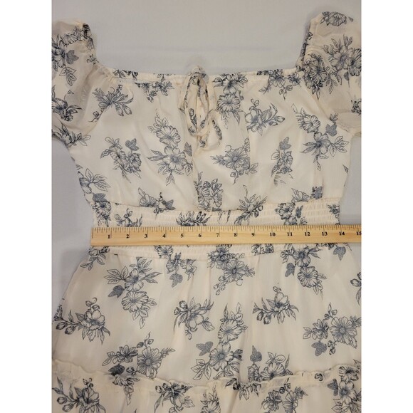 Cottagecore Floral Chiffon Dress Womens Large Off Shoulder Puff Sleeve Ruffles - Picture 7 of 11